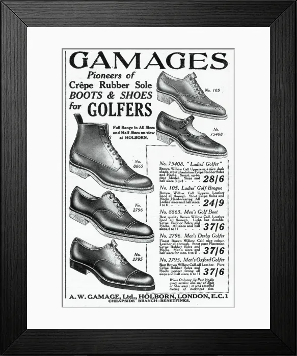 Framed Print : Men and women's golfing boots and shoes. Date: 1924 Framed Print : Men and women's golfing boots and shoes. Date: 1924