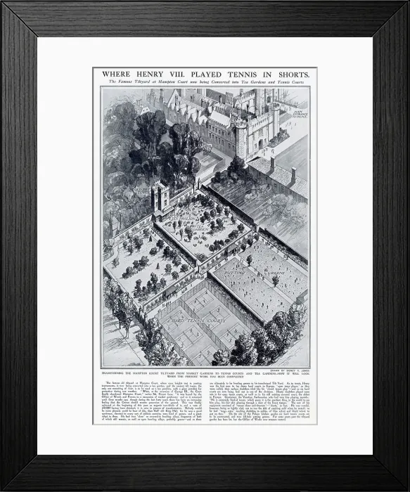 Framed Print : The famous Tiltyard at Hampton Court in the process of being converted into tea gardens and tennis courts. Diagram showing how it would look once the work was completed. Date: 1925 Framed Print : The famous Tiltyard at Hampton Court in the process of being converted into tea gardens and tennis courts. Diagram showing how it would look once the work was completed. Date: 1925