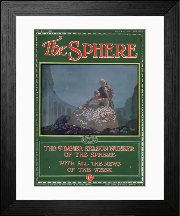 Framed Print : Outer cover of The Sphere magazine's Summer Season Number with an illustration showing an eighteenth century couple enjoying a moonlit tryst in a garden. Date: 1925