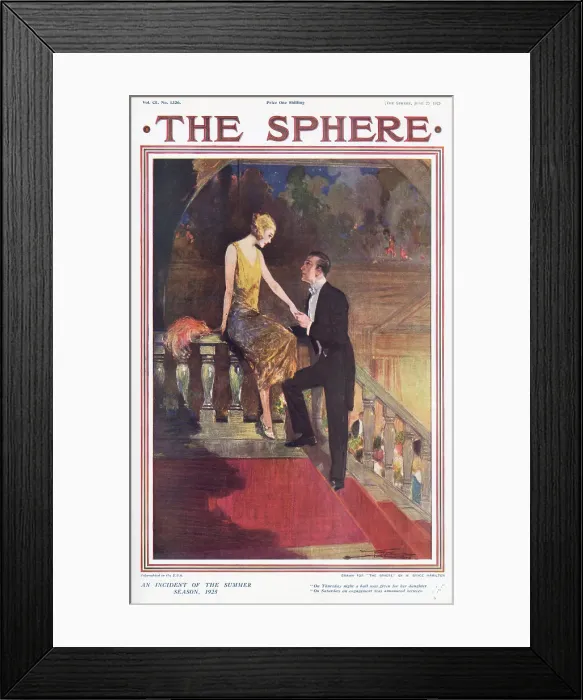 Framed Print : Inner front cover of The Sphere magazine showing a 1920s couple enjoying a romantic moment on a staircase away from the party downstairs. Date: 1925 Framed Print : Inner front cover of The Sphere magazine showing a 1920s couple enjoying a romantic moment on a staircase away from the party downstairs. Date: 1925