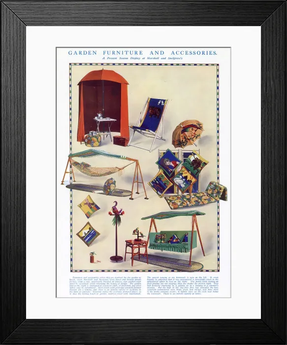 Framed Print : A selection of brightly coloured garden furniture and accessories from Marshall and Snelgrove including a tent, deckchairs, hammock, cushions and swinging seat. There are even lights in the form of birds on perches. Date: 1925 Framed Print : A selection of brightly coloured garden furniture and accessories from Marshall and Snelgrove including a tent, deckchairs, hammock, cushions and swinging seat. There are even lights in the form of birds on perches. Date: 1925