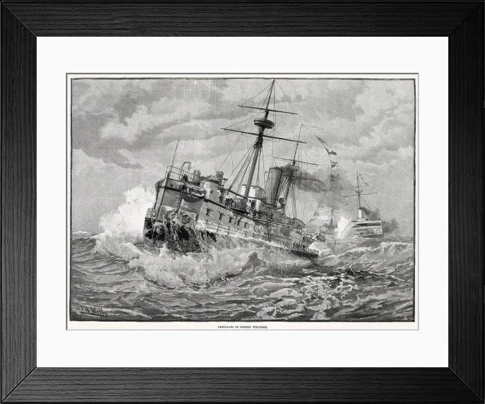 Framed Print : Ironclads in stormy weather. The behaviour of large ironclad warships in rough weather at sea is an important consideration for the British Royal Navy. Date: 1889 Framed Print : Ironclads in stormy weather. The behaviour of large ironclad warships in rough weather at sea is an important consideration for the British Royal Navy. Date: 1889