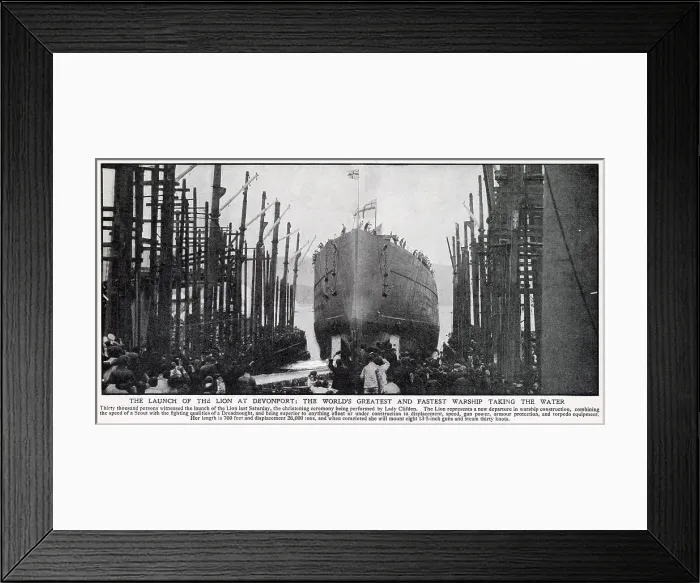 Framed Print : Thirty thousand people witnessed the launch of HMS Lion at Devonport, Plymouth, christening ceremony being performed by Lady Clifden. Date: 6th August 1910 Framed Print : Thirty thousand people witnessed the launch of HMS Lion at Devonport, Plymouth, christening ceremony being performed by Lady Clifden. Date: 6th August 1910