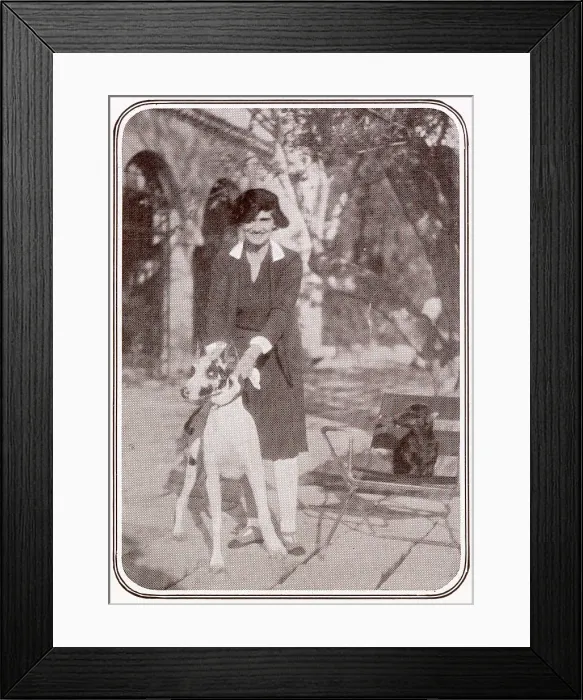 Framed Print : Gabrielle Coco Chanel seen at her villa, La Pausa, at Roquebrune, Cap Martin, near Monte Carlo in the company of her two dogs, Gigot and Dax. Date: 1931 Framed Print : Gabrielle Coco Chanel seen at her villa, La Pausa, at Roquebrune, Cap Martin, near Monte Carlo in the company of her two dogs, Gigot and Dax. Date: 1931