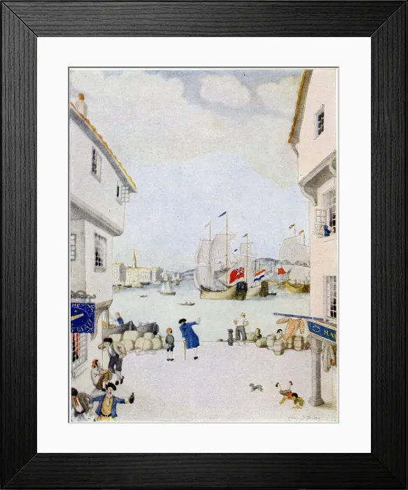 Framed Print : Long John Silver and Jim Hawkins at Bristol. Scene from Treasure Island by Robert Louis Stevenson illustrated by Edmund Dulac. Date: 1927 Framed Print : Long John Silver and Jim Hawkins at Bristol. Scene from Treasure Island by Robert Louis Stevenson illustrated by Edmund Dulac. Date: 1927