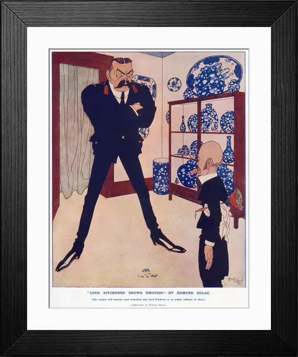 Framed Print : Caricature by illustrator Edmund Dulac of Kitchener looking irate because his butler has dropped a piece of blue and white china. Apparently Kitchener was a collector. Date: 1916 Framed Print : Caricature by illustrator Edmund Dulac of Kitchener looking irate because his butler has dropped a piece of blue and white china. Apparently Kitchener was a collector. Date: 1916