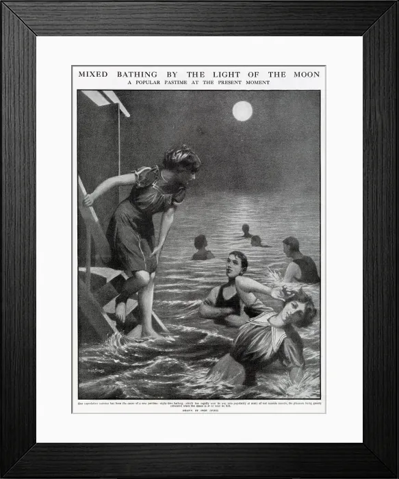 Framed Print : New pastime, where men and women went swimming outside at night at many seaside resorts. Date: 1911 Framed Print : New pastime, where men and women went swimming outside at night at many seaside resorts. Date: 1911