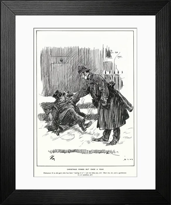 Framed Print : Policeman attending to a extremely drunk man lying on the floor. Date: December 1901 Framed Print : Policeman attending to a extremely drunk man lying on the floor. Date: December 1901