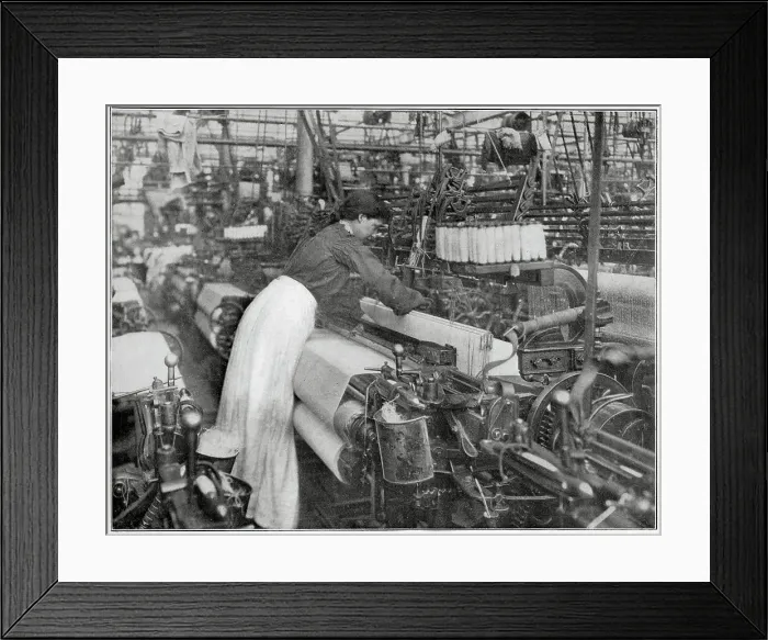 Framed Print : Weaving at Priestley's Mill for the dress that was worn at the opening of the Bradford Exhibition by Princess of Wales (Queen Mary). Date: 1904 Framed Print : Weaving at Priestley's Mill for the dress that was worn at the opening of the Bradford Exhibition by Princess of Wales (Queen Mary). Date: 1904