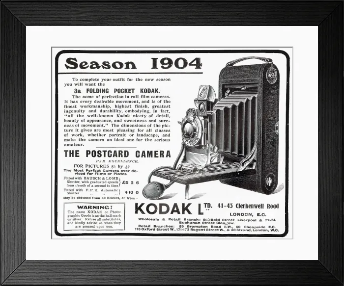 Framed Print : Kodak compact folding camera with roll film. Date: 1904