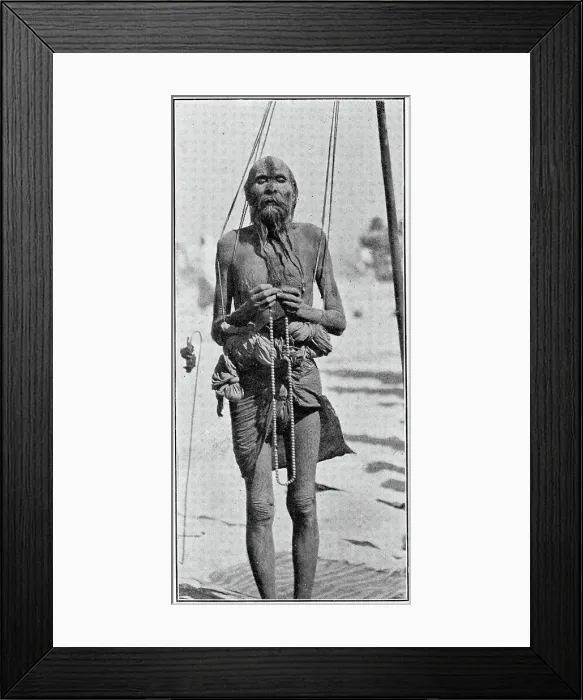 Framed Print : A standing Fakir who stood upright for twenty-five years, photograph showing him being supported by cords fastened to a pole. Date: 1904 Framed Print : A standing Fakir who stood upright for twenty-five years, photograph showing him being supported by cords fastened to a pole. Date: 1904