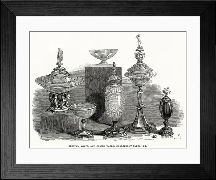 Framed Print : Crystal, agate and jasper vases and a chalcedony tazza, objects in a sale of the Beckford Collection in 1845. Date: 1845 Framed Print : Crystal, agate and jasper vases and a chalcedony tazza, objects in a sale of the Beckford Collection in 1845. Date: 1845
