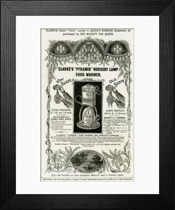 Framed Print : Advert for Clarkes babies food warmer 1892