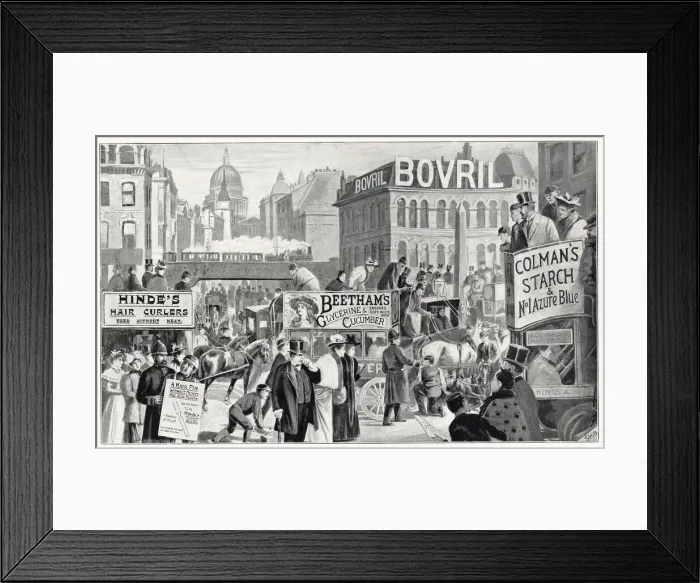 Framed Print : Ludgate Circus, with advertising on sides of public transport and buildings Framed Print : Ludgate Circus, with advertising on sides of public transport and buildings