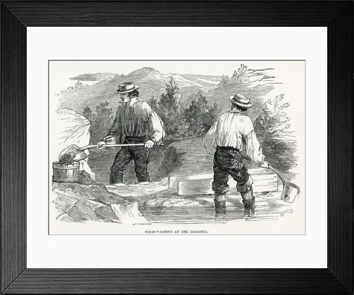 Framed Print : Two fortune seekers, one man shovelling up washed up dirty water into a cradle