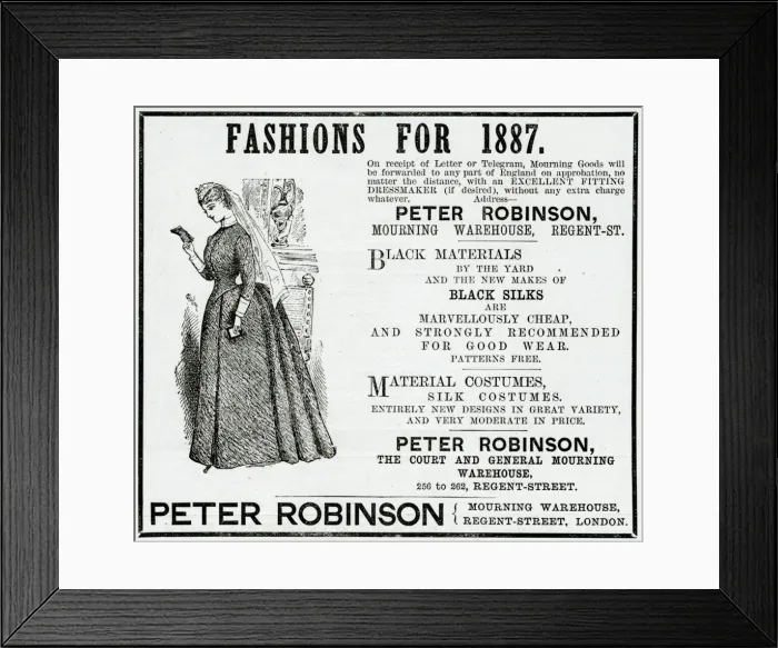 Framed Print : Advert for Peter Robinson mourning dress 1887 Framed Print : Advert for Peter Robinson mourning dress 1887