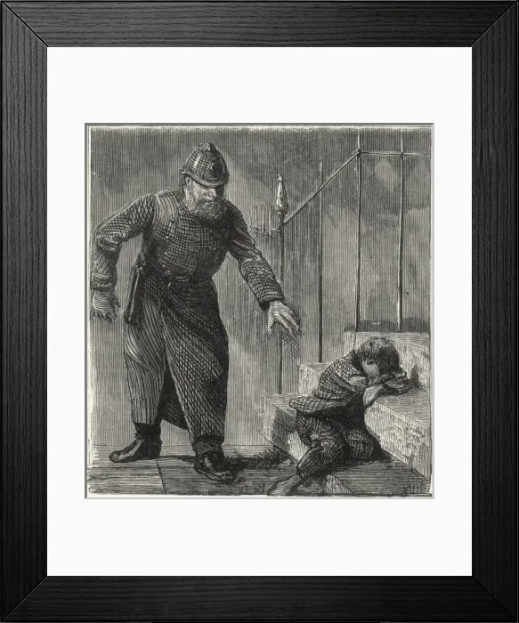 Framed Print : Policeman discovering sleeping waif on a doorstep