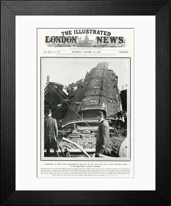 Framed Print : Shrewsbury rail accident, showing the roof of the Great Western Railway coach which was piled up on the top of the engine when train left the rails. Date: October 1907