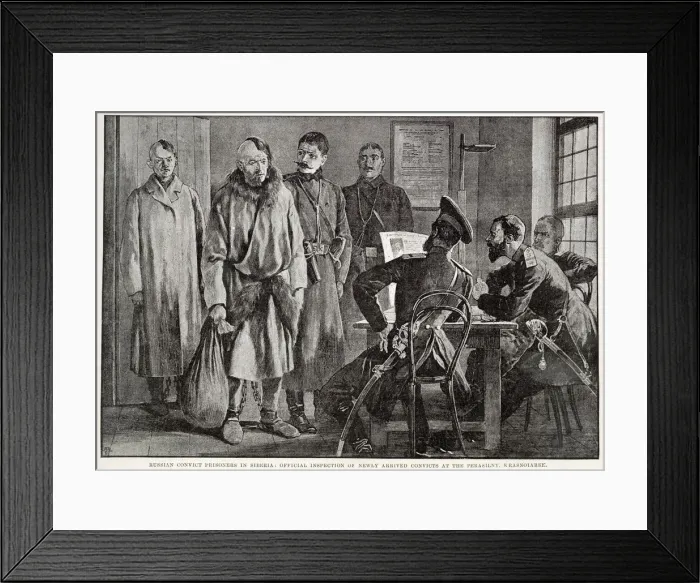 Framed Print : Russian convict in Siberia. Official inspecting new convicts at the Perasilny Framed Print : Russian convict in Siberia. Official inspecting new convicts at the Perasilny