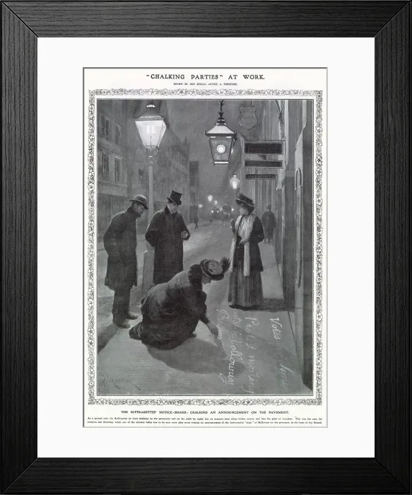 Framed Print : A Suffragette publicises a protest meeting by chalking it onto a pavement. Date: 1908 Framed Print : A Suffragette publicises a protest meeting by chalking it onto a pavement. Date: 1908
