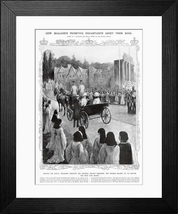 Framed Print : King George V travels to the Crystal Palace to see preparations for the Empire Festival. Whilst there he is met by Maoris. Date: 1911 Framed Print : King George V travels to the Crystal Palace to see preparations for the Empire Festival. Whilst there he is met by Maoris. Date: 1911