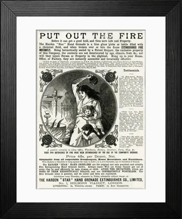 Framed Print : Advert for Harden hand granade fire extinguisher 1886 Framed Print : Advert for Harden hand granade fire extinguisher 1886