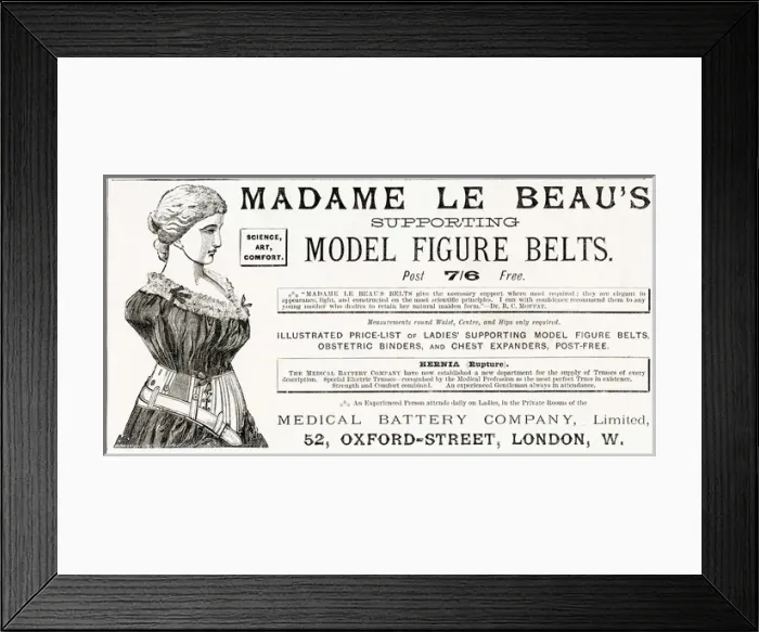 Framed Print : Advert for Madame Le Beaus supporting figure belt 1886 Framed Print : Advert for Madame Le Beaus supporting figure belt 1886