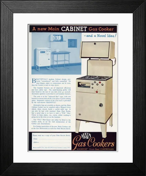 Framed Print : Advert for Main Mainstat gas cookers 1939 Framed Print : Advert for Main Mainstat gas cookers 1939