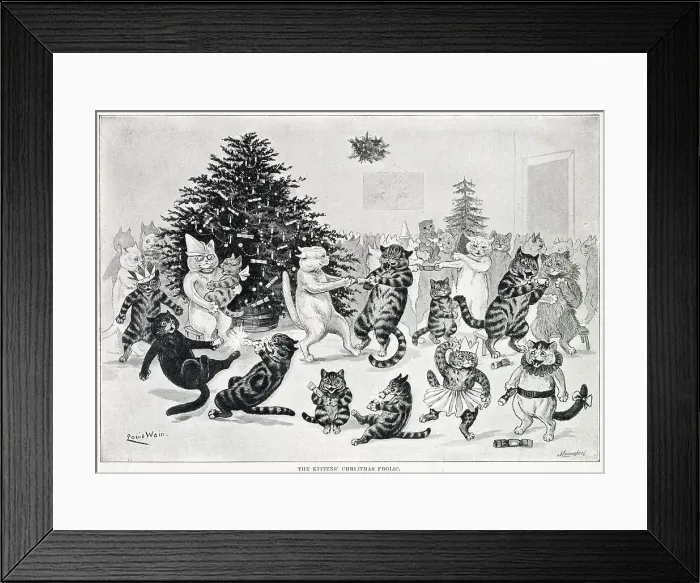 Framed Print : Cats at Christmas pulling crackers and dancing. Date: 1894