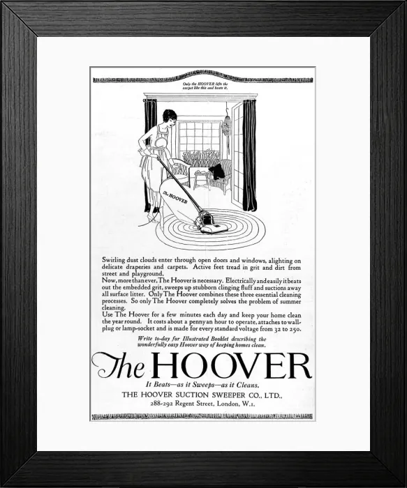 Framed Print : Hoover. 1920 advertisement for the Hoover Suction Sweeper Company of Regent Street, London Framed Print : Hoover. 1920 advertisement for the Hoover Suction Sweeper Company of Regent Street, London