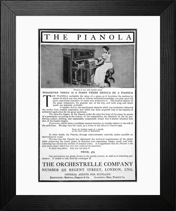 Framed Print : Pianola. Advertisement for the Pianola, the automatic piano-player Framed Print : Pianola. Advertisement for the Pianola, the automatic piano-player