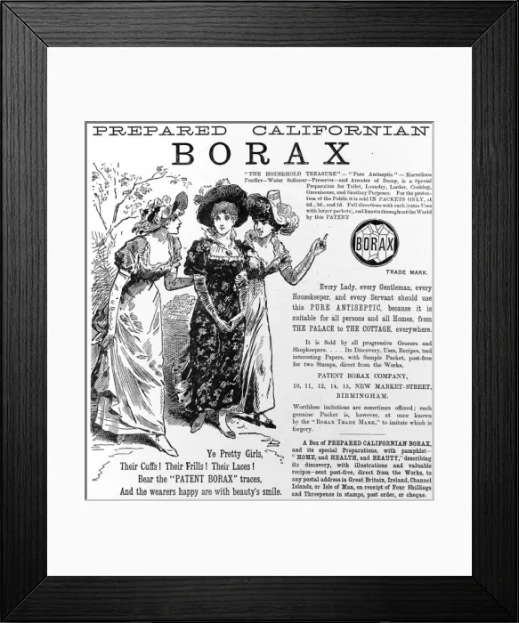 Framed Print : Borax. A romantically styled ad for Borax antiseptic from 1885 Framed Print : Borax. A romantically styled ad for Borax antiseptic from 1885