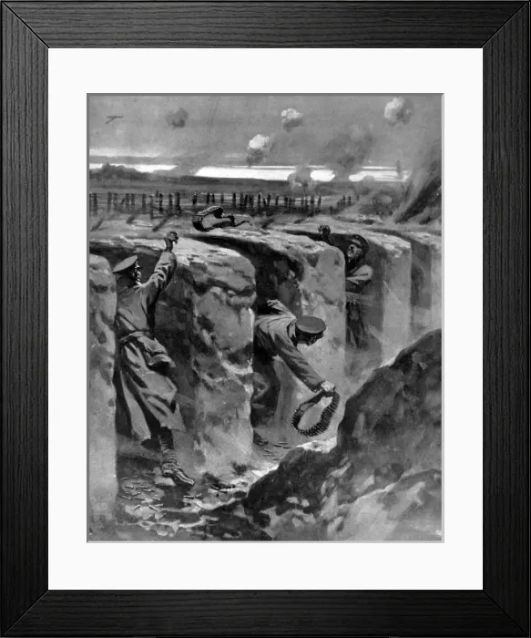 Framed Print : Cartridges flung from man to man