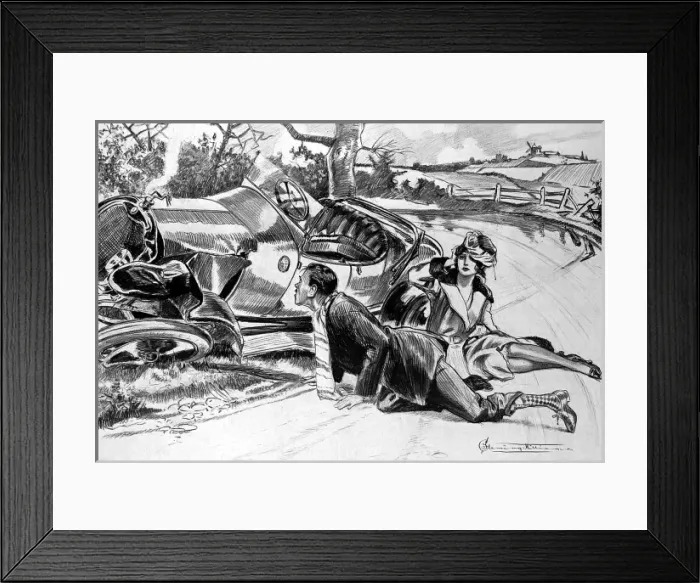 Framed Print : Road crash with glamorous lady Framed Print : Road crash with glamorous lady