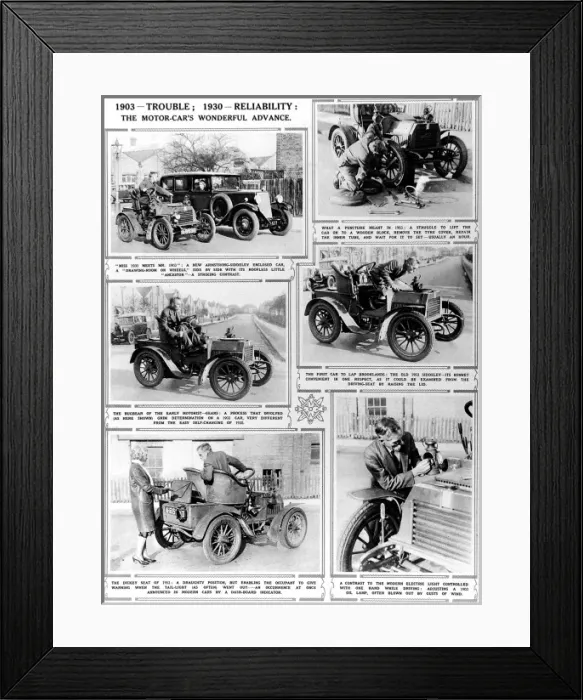 Framed Print : 1903-Trouble; 1930-Reliability: The Motor cars wonderful ad Framed Print : 1903-Trouble; 1930-Reliability: The Motor cars wonderful ad