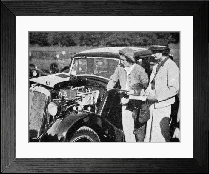 Framed Print : Kay Petre & E. Wisdom judging coachwork at Morris Rally