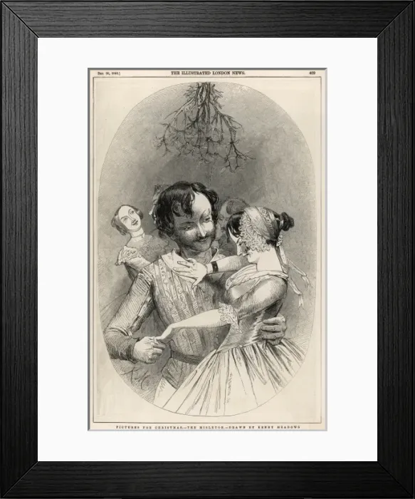 Framed Print : MISTLETOE. Bold gentleman asking for a kiss under the mistletoe from a coy partner Framed Print : MISTLETOE. Bold gentleman asking for a kiss under the mistletoe from a coy partner