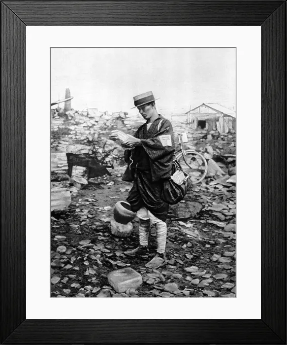 Framed Print : Tokyo postman delivering letters to the rubble Framed Print : Tokyo postman delivering letters to the rubble