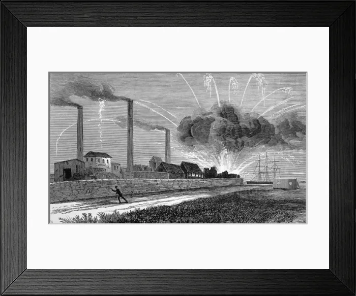 Framed Print : Explosion at a rocket factory at Woolwich Arsenal. Rockets f Framed Print : Explosion at a rocket factory at Woolwich Arsenal. Rockets f