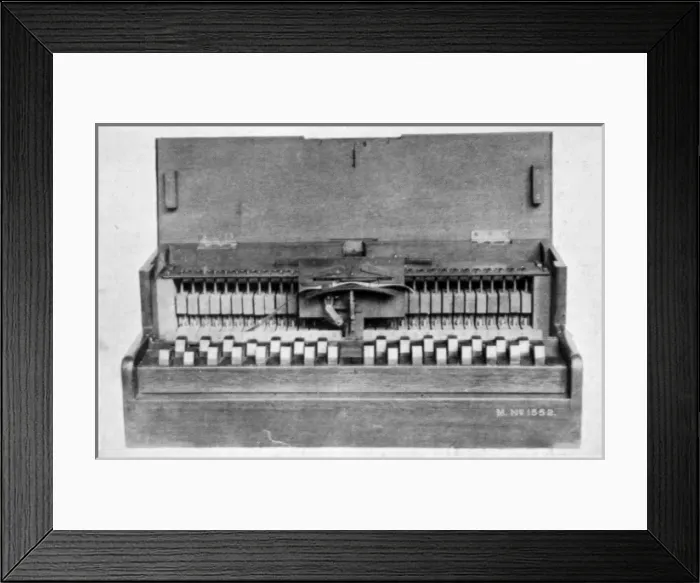 Framed Print : The forerunner of the modern type writer- a piano like machi Framed Print : The forerunner of the modern type writer- a piano like machi