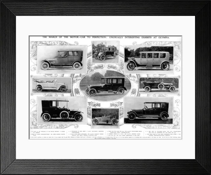 Framed Print : Spread of car exhibits from Olympia Motor exhibition 1913 Framed Print : Spread of car exhibits from Olympia Motor exhibition 1913