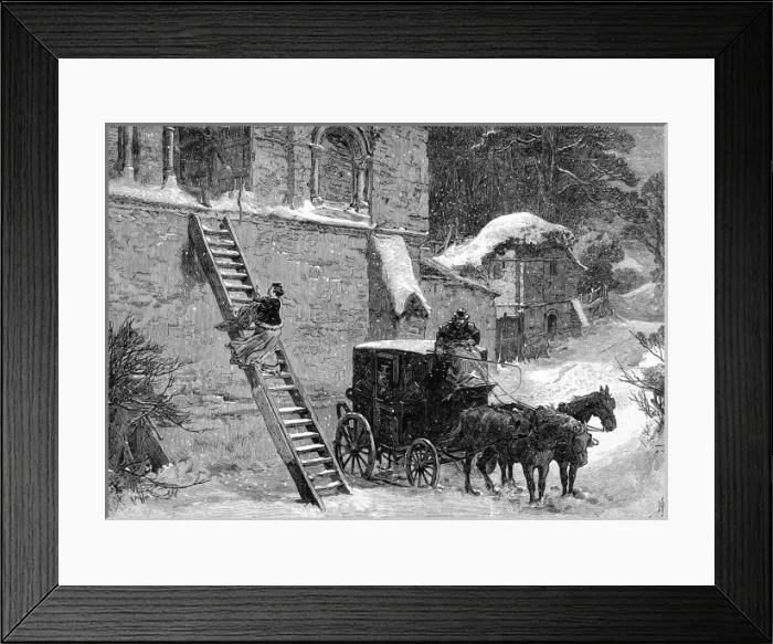 Framed Print : Eloping. Engraving showing a young woman escaping a house by step ladder in order to elope