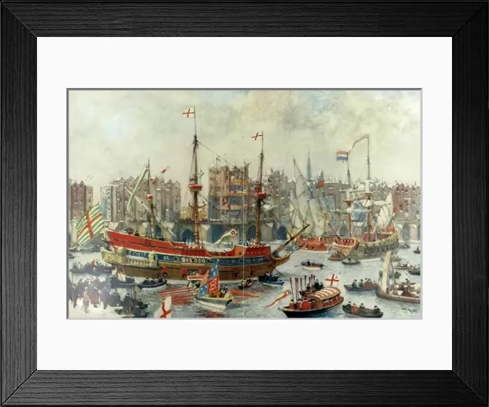 Framed Print : A Royal Galleon in the Pool of London, 16th century Framed Print : A Royal Galleon in the Pool of London, 16th century