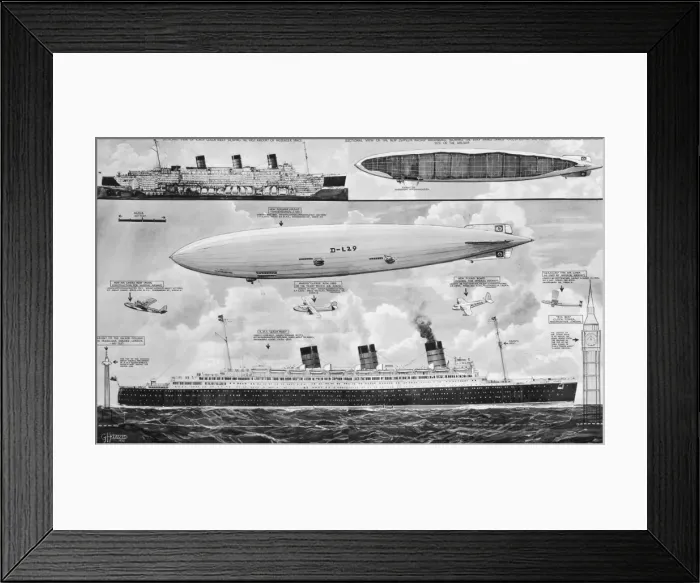 Framed Print : R. M. S. Queen Mary, Hindenburg and Big Ben, 1936 Framed Print : R. M. S. Queen Mary, Hindenburg and Big Ben, 1936