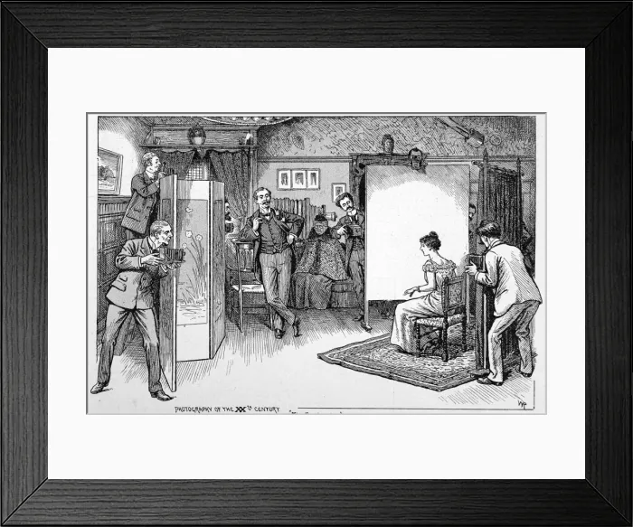 Framed Print : Scene in a photographers studio, example of portrait making Framed Print : Scene in a photographers studio, example of portrait making