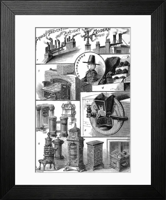 Framed Print : Illustrations of chimneys and stoves taken from the exhibiti Framed Print : Illustrations of chimneys and stoves taken from the exhibiti