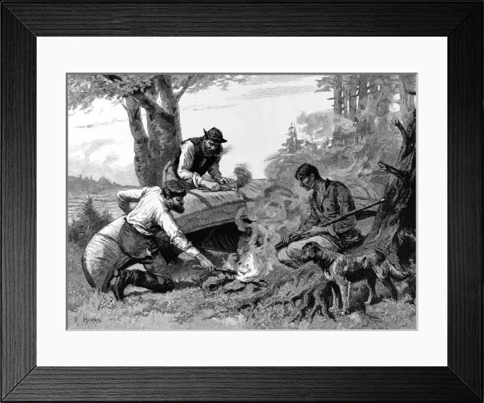 Framed Print : Three Frontiersmen Mending their Canoe, Canada, 1883 Framed Print : Three Frontiersmen Mending their Canoe, Canada, 1883