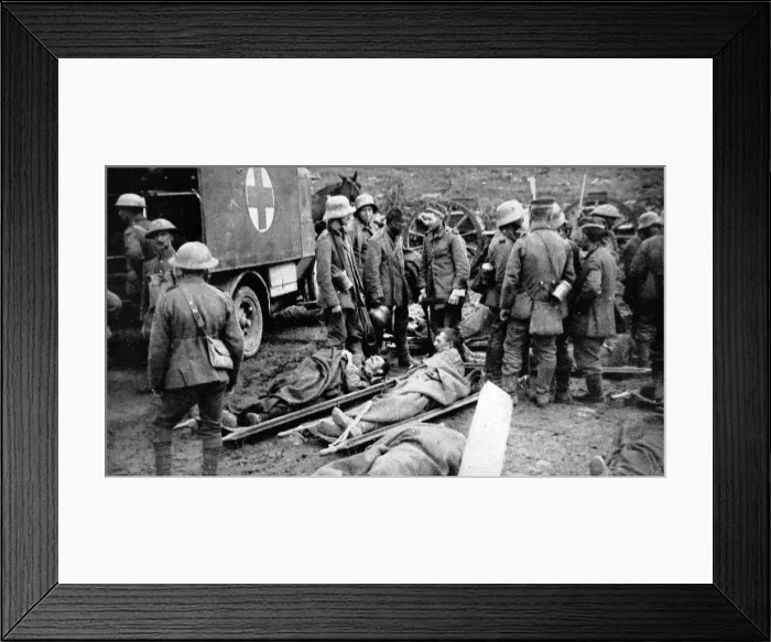 Framed Print : War casualties awaiting treatment at a dressing station Framed Print : War casualties awaiting treatment at a dressing station