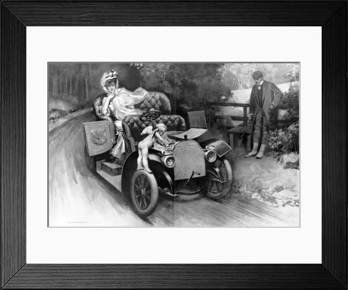 Framed Print : Trouble Somewhere; a cherub fixing a motor engine, 1906 Framed Print : Trouble Somewhere; a cherub fixing a motor engine, 1906