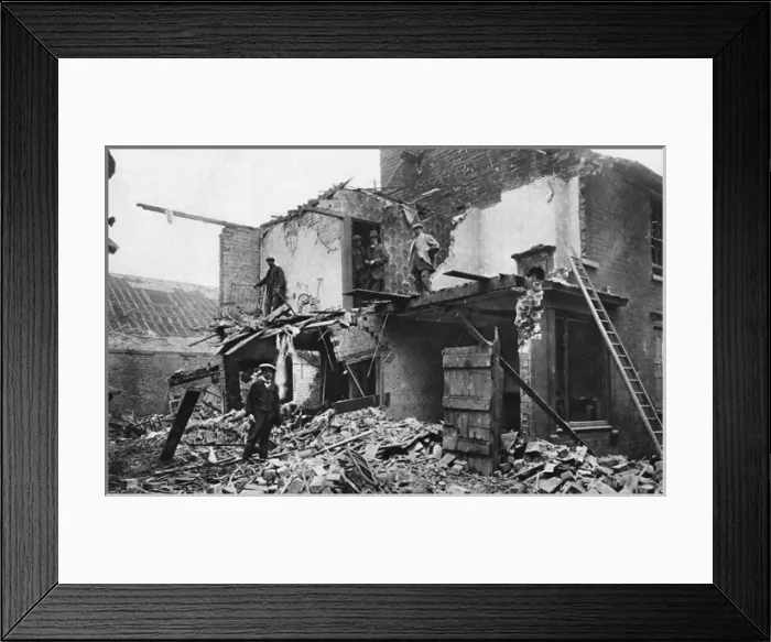 Framed Print : Workmens dwellings damaged by the mass German airship raid Framed Print : Workmens dwellings damaged by the mass German airship raid